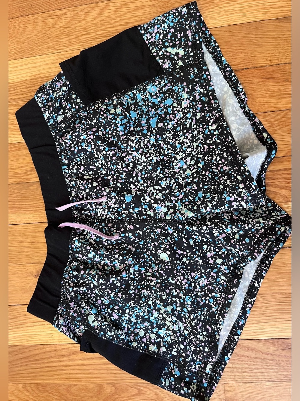 Tek Gear Girls size XL Black Splatter Print Athletic Shorts with Pastel Accents